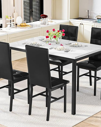 Hooseng Dining Table Set for 4, Modern Faux Marble Kitchen Table with 4 PU Leather Chairs, 5-Piece Small Dining Room Table Set for Dinette, Breakfast Nook