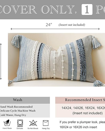 BlissBlush Decorative Lumbar Throw Pillow Cover 14x24 Boho Coastal Blue Accent Cushion for Couch Sofa Farmhouse Pillowcase for Bedroom Living Room Home Décor Cover ONLY