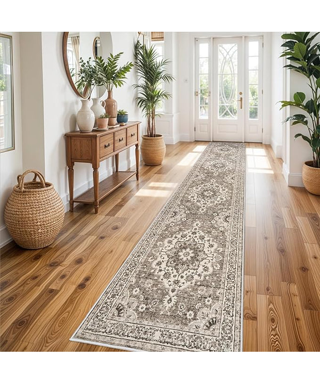 Washable Oriental Hallway Runner Rug - 3x14 Rugs for Living Room Soft Carpet for Bedroom Kitchen Waterproof Floral Distressed Indoor Stain Resistant Non-Shedding Floor Carpets (Beige, 3X14)