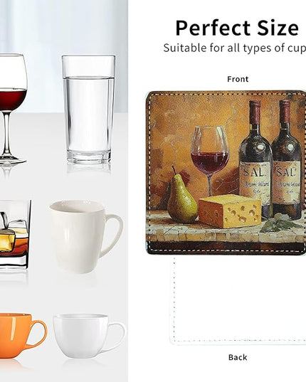 Marble Coasters Square Leather Drinks Coaster Set with Holder for Coffee Table Bar Home Decor 4 Inches Set of 6 (Vintage Wine, One Size)