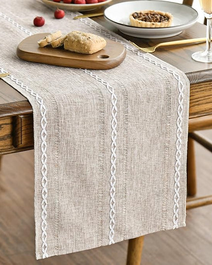 Artoid Mode Brown Rustic Cotton Linen Table Runner, Seasonal Embroidered Hollow Kitchen Dining Table Decoration for Home Party Decor 13x36 Inch