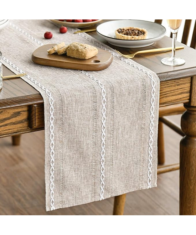 Artoid Mode Brown Rustic Cotton Linen Table Runner, Seasonal Embroidered Hollow Kitchen Dining Table Decoration for Home Party Decor 13x72 Inch