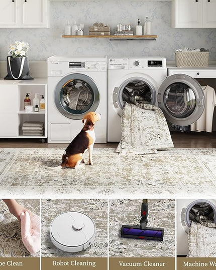jinchan Fiora Runner Rug 3x8-2pcs Kitchen Washable Vintage Hallway Rug Floral Print Floor Cover Indoor Thin Retro Mat Accent for Bathroom Laundry Room Bedroom Office Farmhouse (Double, Taupe)