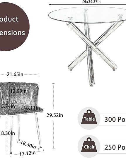 Golden Round Dining Table Set for 4, 39'' Clear Glass Top Dinner Table Set, 5 Piece Modern Luxury Circle Kitchen Table and Ivory Woven Chairs Set, Small Circular Dinette Set, for Apartment