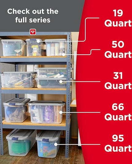 Rubbermaid Roughneck Clear 66 Qt/16.5 Gal Storage Containers, Pack of 4 with Latching Grey Lids, Visible Base, Sturdy and Stackable, Great for Storage and Organization