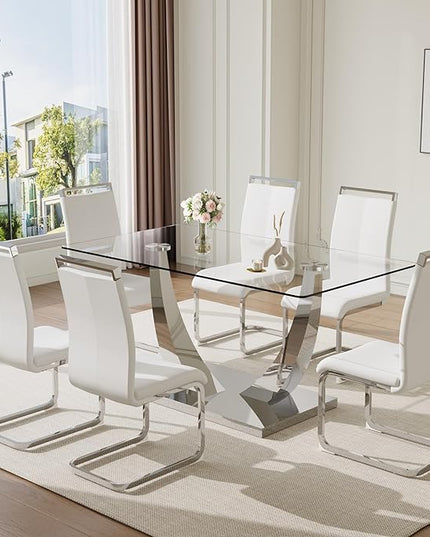 63” Glass Dining Table Set for 6,Modern Dining Room Table Set for 6, Kitchen Table and PU Leather Chairs, Rectangle Tempered Glass Table Set with Chrome Silver Legs