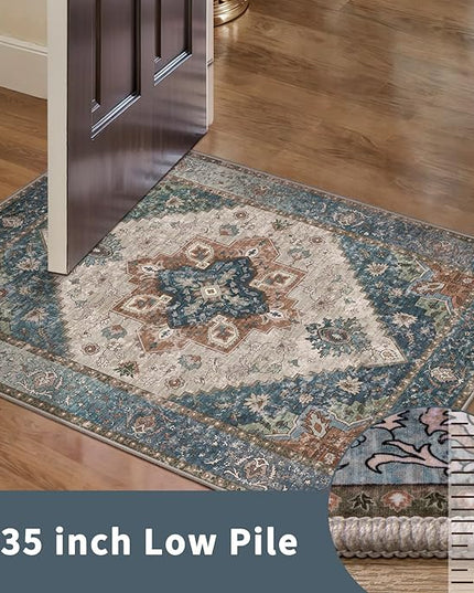 Ciicool Boho 5x5ft Round Area Rug Washable Bedroom Rug Non-Slip Oriental Entryway Throw Rug Low-Pile Indoor Circle Carpet for Dining Room