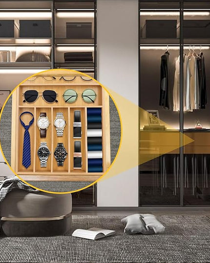Kitchen Bamboo Silverware Organizer, Kitchen Drawer Organizer - Utensil Holder and Cutlery Tray with Grooved Drawer Dividers for Flatware 7 Slot, Natural