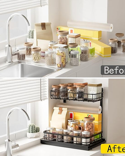 Under Sink Organizer, Adjustable Height Pull-Out Kitchen Storage Organization,15.8" x 11.8" x 16.5", 2-Tier Kitchen Shelf, Bathroom Drawer Organizer, 2 Pack|Black