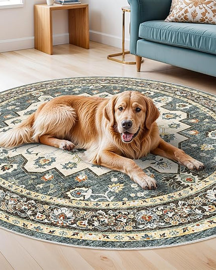 Washable Oriental Area Rug - 8ft Round Rugs for Living Room Soft Carpet for Bedroom Waterproof Floral Distressed Indoor Stain Resistant Non-Shedding Floor Carpets (Blue, 8ft-Round)