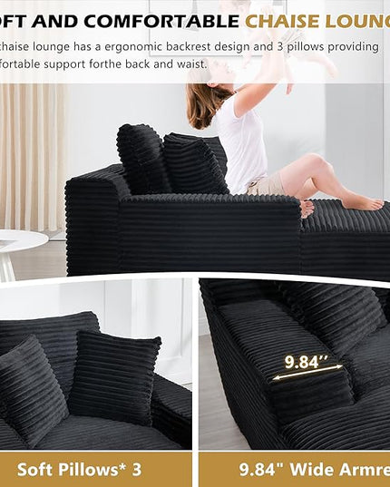 67" Boneless Chaise Lounge Chair,Indoor Corduroy Oversized Sleeper Sofa w/9.9'' Wide Armrest & 3 Soft Pillows, Convertible Boneless Sofa Bed - 2-in-1 Chair & Ottoman for Reading, Living Room,Black