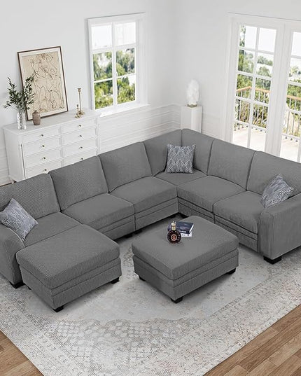 Legend Vansen Oversized Modular Sectional Sofa,8 Seat U Shaped Couch with Ottoman,Corduroy Sofa with Deep Seat,Convertible Large Sectional Couches for Living Room (Grey, U-8)
