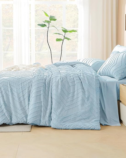Litanika Light Blue Queen Size Comforter Set with Sheets - 7 Pieces Bed in a Bag Queen Boho Tufted Complete Bedding Sets with Comforter, Sheets, Pillowcases & Shams