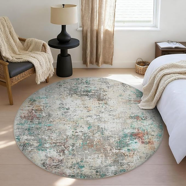 Modern Abstract 8x8 Round Area Rug Non Slip Non Shedding Rug Low Pile Stain Resistant for Bedroom Living Room Office Dining Room,Colorful