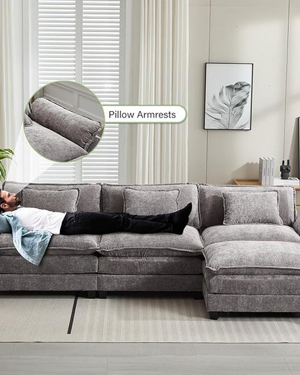 120" Modular Sectional Sofa, Comfy Cloud Couch Sectional Sofa with Ottoman, Chenille Sofa Sleeper Deep Seat Sofa with Throw Pillows for Living Room (Light Gray, 120"- L Shape)