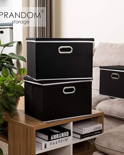PRANDOM Large Foldable Storage Boxes with Lids [3-Pack] Fabric Collapsible Storage Bins Organizer Containers Baskets Cube with Cover for Home Bedroom Closet Office Nursery Black(17.7x11.8x11.8)