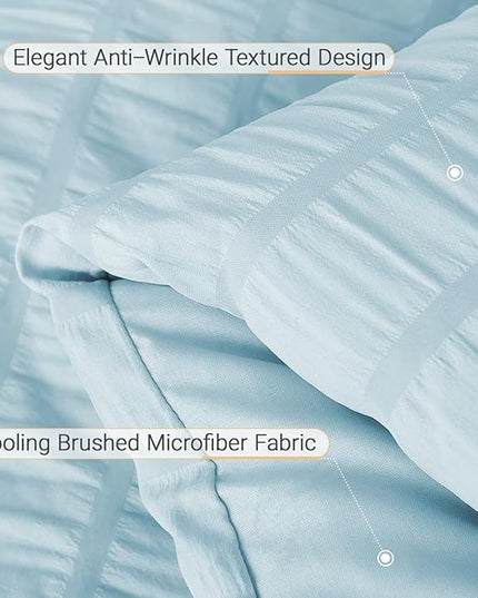 MUXHOMO 7 Pieces Queen Comforter Set, Seersucker Bed in a Bag Queen Size, All Season Luxury Bedding Set with Comforter, Flat Sheet, Fitted Sheet, Pillowcases & Shams, Lake Blue