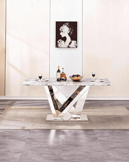 70 Inch Modern Rectangular Dining Table for 6, Faux Marble Top with Mirrored Stainless Steel Base, Large Kitchen Table for Dining Room, Living Room, Office, Conference, (Table Only) (Silver + Grey)