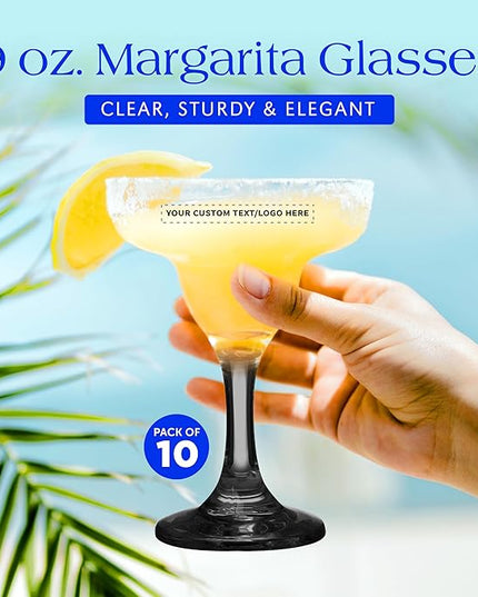 DISCOUNT PROMOS 10 Margarita Glasses Set, 9 oz. - Personalized Text, Logo - Classic, Smooth, Barware, Glassware - Black