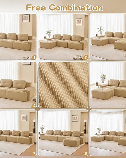 Hommoo Oversized Modular Sectional Sofa, 8 Seat Sleeper Sofa Bed, Comfy Corduroy Couch with Deep Seat, 153”Convertible Boneless Sofa with Ottoman for Living Room No Assembly Required Camel