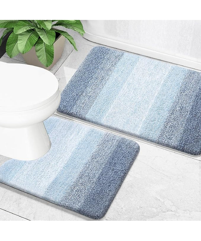 OLANLY Bathroom Rug Set 2 Piece, Soft Absorbent Microfiber Bath Mats and U-Shaped Contour Toilet Rug, Non-Slip, Machine Wash Dry, Plush Shaggy Bath Mats for Bathroom (24"x16"+24"x20", Blue)