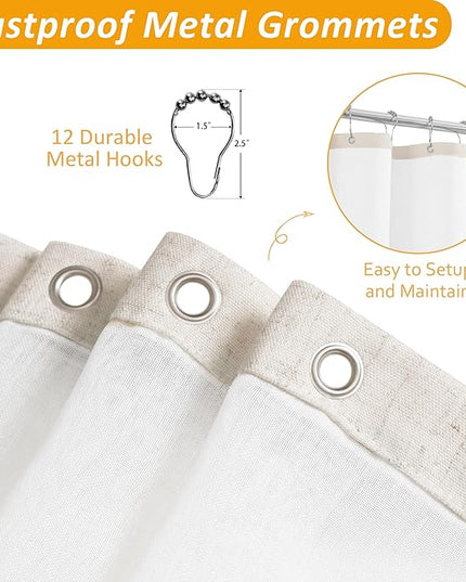 Naturoom Beige Linen Shower Curtain with Snap in Liner Set Rustic Farmhouse Shower Curtains for Bathroom 200GSM Textured Cream Burlap Cloth Double Bath Curtains with See Through Top Window 72x72