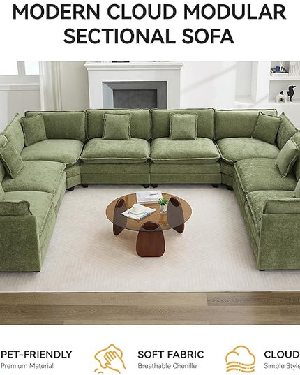147'' Oversized U Shaped Cloud Sectional Sofa, Chenille Deep Seat Couches for Living Room, Comfy Upholstered Modular Sectional Sofa Couch, Green