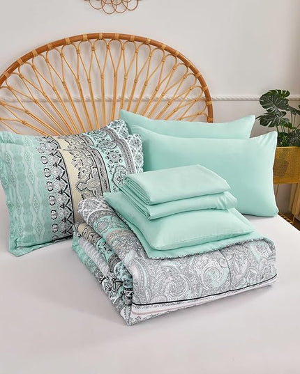 Cottolester Boho Comforter Set Queen Size,8 Piece Bed in a Bag Sage Green Paisley Comforter and Sheet Set,Striped Bedding Set Soft Microfiber Complete Bedding Set
