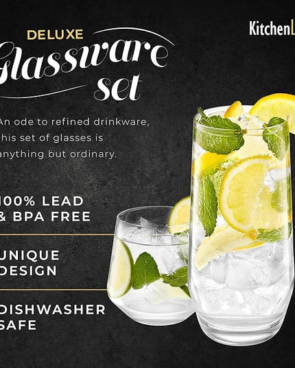 Short & Tall Drinking Glasses Set of 8 - 4 Tall Water Glasses and 4 Short Small Glass Cups Set - Elegant Glass Drinkware - Deluxe Glassware Sets for Highball Sparkling Cocktails, Wine, Beer, Whiskey