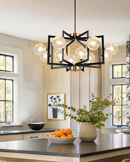 12 Light Black Dining Room Light Fixture Geometric Metal Hanging Pendant Light Fixtures Black Farmhouse Chandelier with Clear Swirled Globe Farmhouse Dining Room Chandelier for Entryway Foyer Kitchen