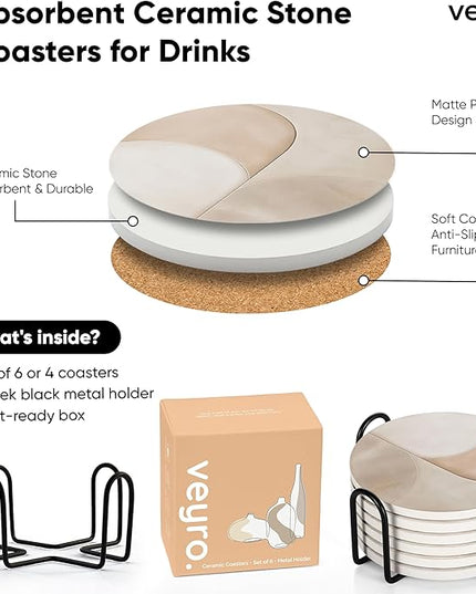 VEYRO Coasters Set of 6 for Drinks – Absorbent Ceramic Stone Drink Coasters with Cork Backing for Coffee Table & Desk, Modern Marble Look Cup Coaster Set, Housewarming Gift for New Home
