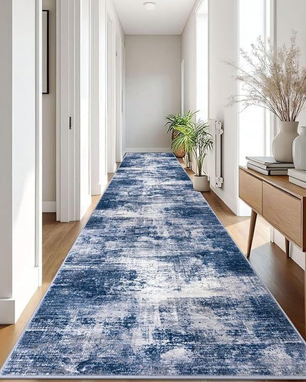 IOHOUZE Abstract Runner Rug 3x18 Ft Washable Runners for Hallways, Non Slip Kitchen Runner Printed Faux Wool Entryway Runner Indoor, Modern Abstract Floor Carpet for Hall Stair, Navy/Grey