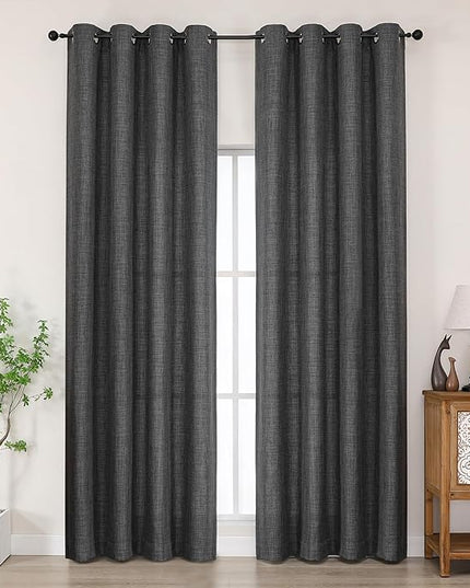 Chyhomenyc Coal Black Curtains 96 Inch Length 2 Panels, Light Filtering Faux Linen Textured Soft Airy Curtains for Living Room, Thick Farmhouse Grommet Bedroom Drapes, 50Wx96L Inch, 2PCS