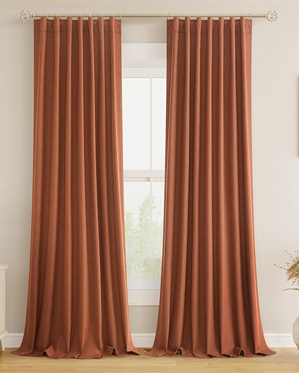 Guken Terracotta Linen Blackout Curtains 90 Inch Length 2 Panels Set Fall Curtains for Living Room Bedroom Back Tab Thermal Insulated 100% Black Out Linen Drapes, 52x90