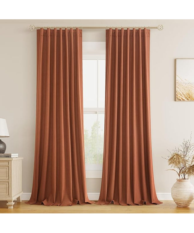 Guken Terracotta Linen Blackout Curtains 102 Inch Length 2 Panels Set Fall Curtains for Living Room Bedroom Back Tab Thermal Insulated 100% Black Out Linen Drapes，52x102