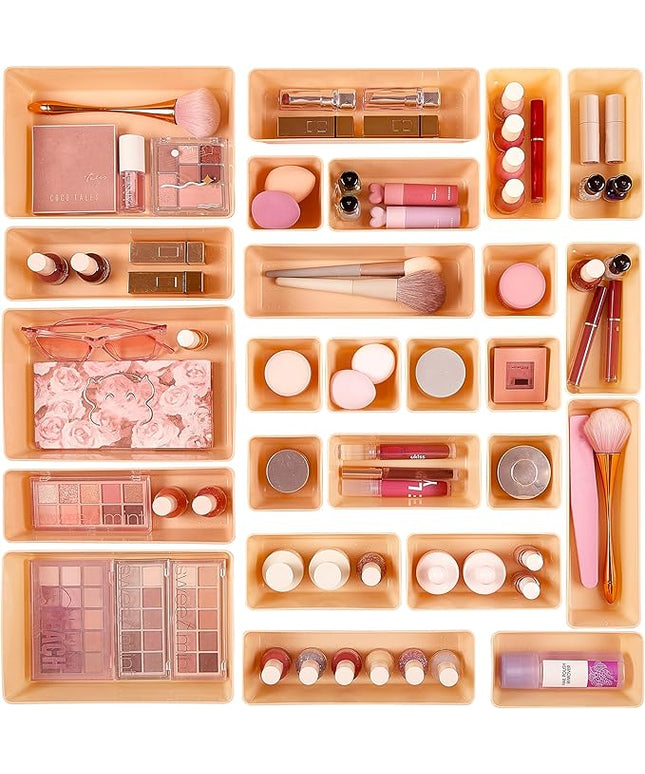 Vtopmart 25 PCS Plastic Drawer Organizers Set, 4-Size Versatile Bathroom and Vanity Drawer Organizer Trays, Storage Bins for Makeup, Bedroom, Kitchen Gadgets Utensils and Office