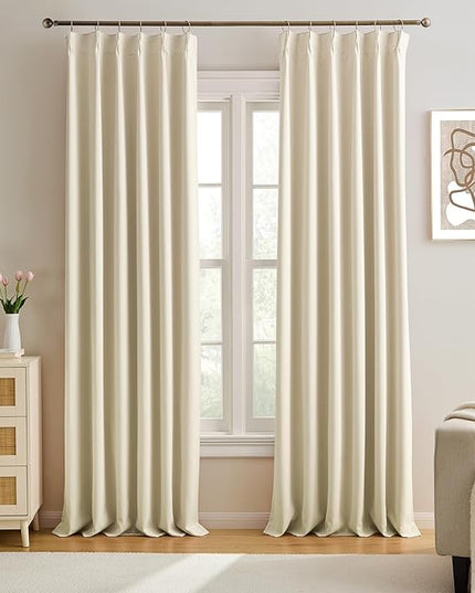 KEQIAOSUOCAI Cream Black Out Pleated Curtains 102 Inch Long,Elegant Luxury Soft Polyester Window Drapes for Living Room Office Hook Pleated Curtains 40" Wide by 102 inches Long