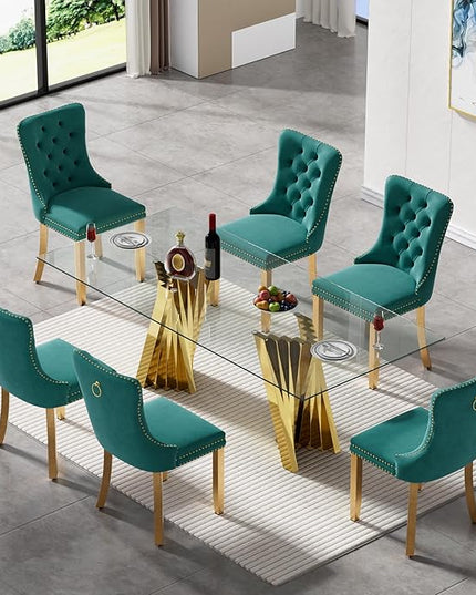 7 Piece Glass Dining Table Set,70" Dinner Room Glass Table Set for 6,Modern Kitchen Dinner Table Set with Stainless Steel Base and 6 Upholstered Velvet Dining Chairs for Living Dining Room
