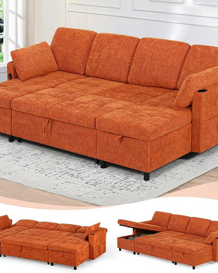 110" Sectional Pull Out Sofa Bed with Adjustable Backrests, U-Shaped Sleeper Sofa with USB Ports, Upholstered Reversible Couch with Cup Holder & Storage Space for Living Room, House, Orange