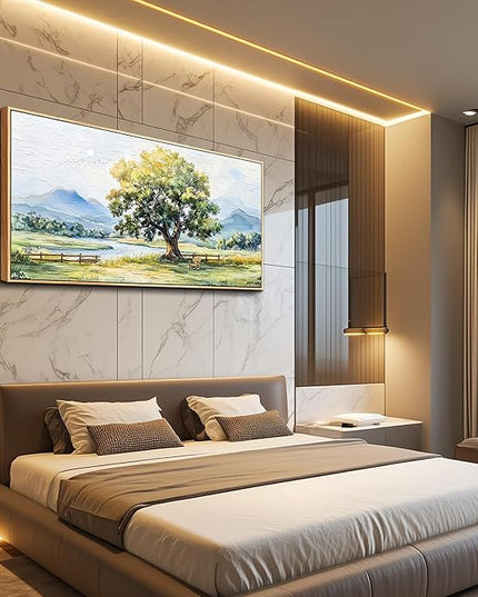 PHAOHUAXM Farmhouse Wall Art For Dining Room Canvas Wall Decor For Bedroom Office Green Tree Ink-Wash Landscape Painting Pictures Art Aesthetic living room Home Decor Posters 20x40 In Wood Framed