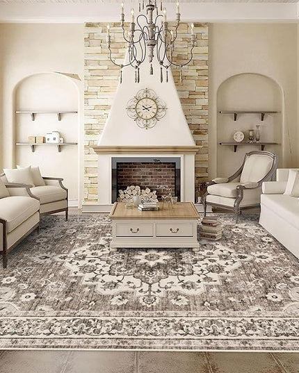 Washable Oriental Area Rug - 9x12 Rugs for Living Room Soft Carpet for Bedroom Waterproof Floral Distressed Indoor Stain Resistant Non-Shedding Floor Carpets (Beige, 9x12)