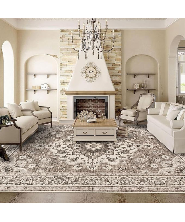 Washable Oriental Area Rug - 9x12 Rugs for Living Room Soft Carpet for Bedroom Waterproof Floral Distressed Indoor Stain Resistant Non-Shedding Floor Carpets (Beige, 9x12)