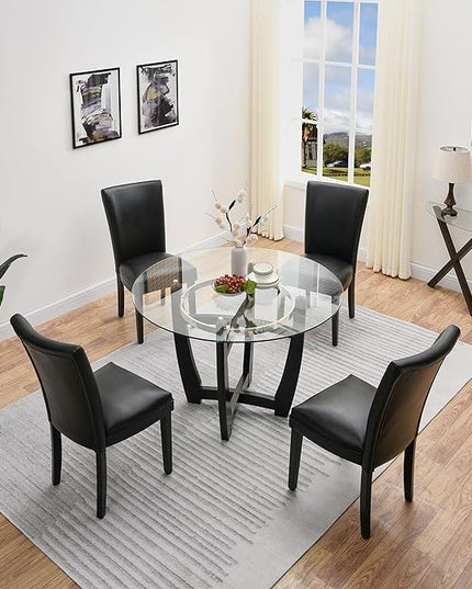 PADMA HOUSE Round Glass Dining Table Set for 4, 45in Modern Kitchen Dinner Table with 4 Parsons Leather Dining Chairs 5 Piece Dining Room Wood Glass Table Chair Set, Clear&Black