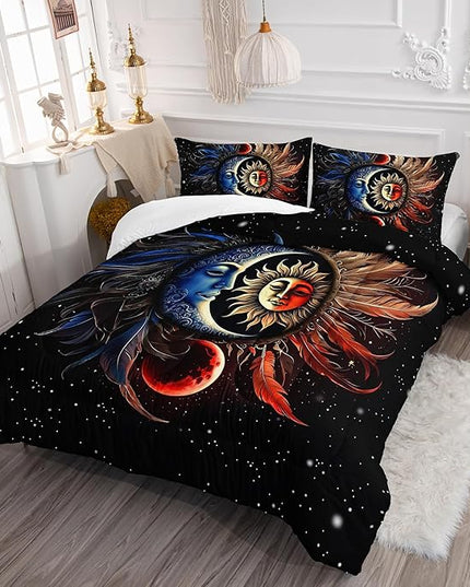 AILONEN Sun and Moon Comforter Set Queen Size, Blue and Red Feather Sun and Moon Bedding Set for Room Decor,Black Sky Starry Print Comforter with 2 Pillowcases,3 Pieces