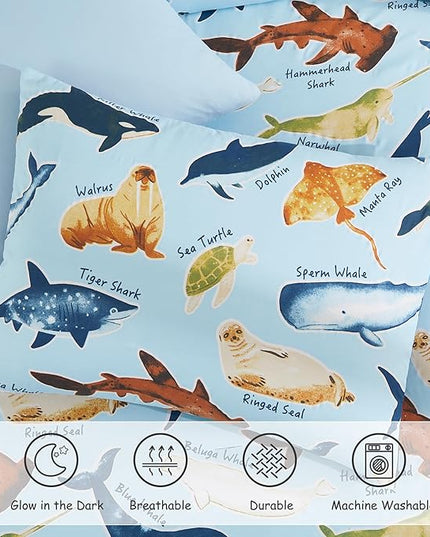 Full Size Comforter Set for Boys-7 Pieces Ocean Animals Glow in The Dark Full Bedding Sets for Kids, Ultra Soft Bed in A Bag with Sheets
