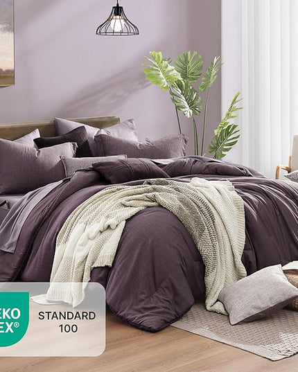Monbix King Size Comforter Set, Italian Plum King Bedding Set Reversible, 7 Pieces, Cationic Dyeing Bed in a Bag King with Comforter, Sheets, Pillowcases & Shams