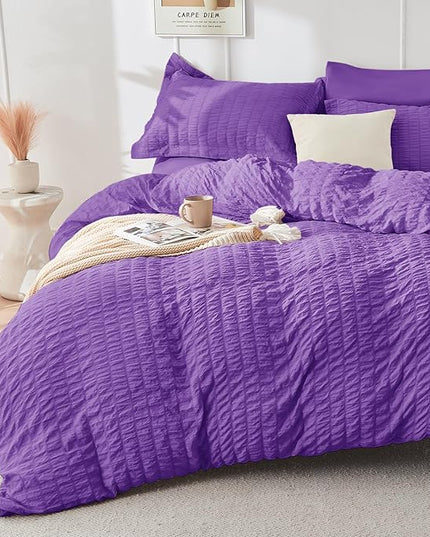 HYMOKEGE Dark Purple Twin XL Comforter Set Seersucker 5 Pieces, All Season Luxury Bed in a Bag for Bedroom, Bedding Set with Comforter, Sheets, Pillowcase & Sham