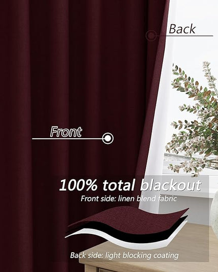 Guken Blackout Curtains 120 Inch Length 2 Panels Set for Living Room Bedroom Back Tab Thermal Insulated 100% Black Out Linen Drapes Boho Christmas Decor,Burgundy 52x120