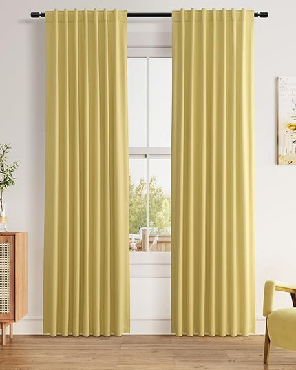 Guken Yellow Blackout Curtains 90 Inch Length 2 Panels Set for Living Room Bedroom Back Tab Thermal Insulated 100% Black Out Linen Drapes Room Darkening Window Curtains 90 Inches Long