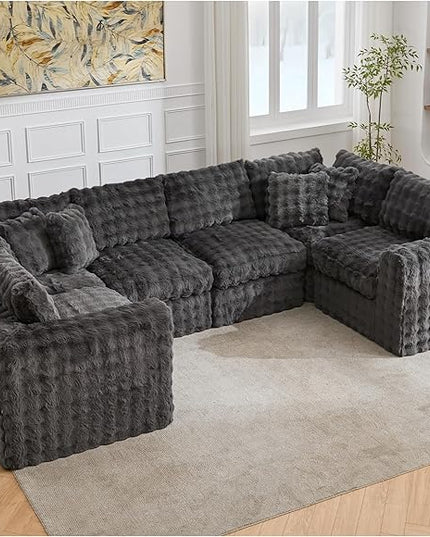 TYBOATLE 135’’ Boneless Slow-Rebound Memory Foam Couch, Cloud Sectional Couches for Living Room w/Upgraded Fabric, Deep Seat Comfy Fluffy U Shaped Modular Sectional Sofa w/Chaise (Grey, 6U)